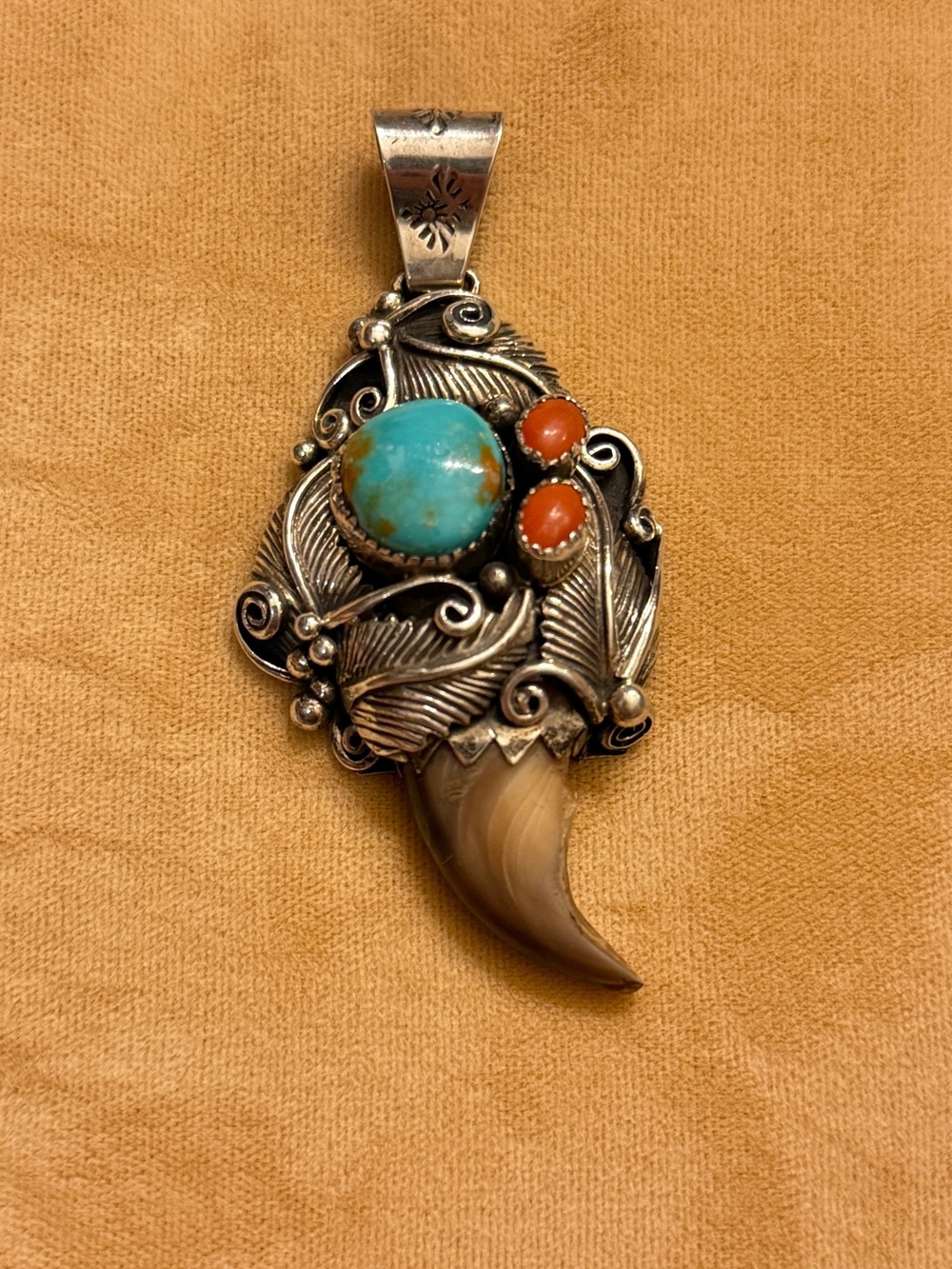 Vintage Navajo Sterling Silver Turquoise & Coral Pendant with Bear Claw